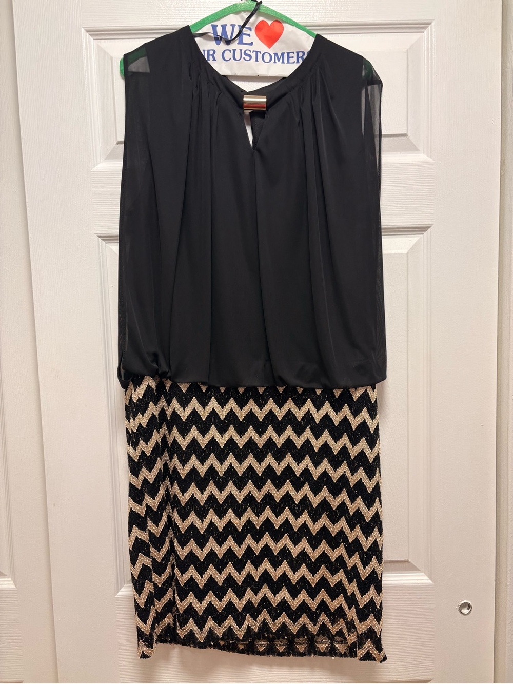 Black Blouson Top Chevron Skirt Dress - Elegant Evening Wear